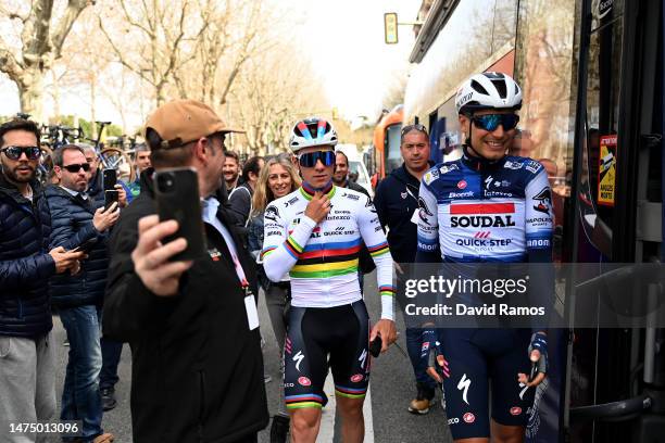 Remco Evenepoel of Belgium and Fausto Masnada of Italy and Team Soudal Quick-Step prior to the 102nd Volta Ciclista a Catalunya 2023, Stage 2 a...