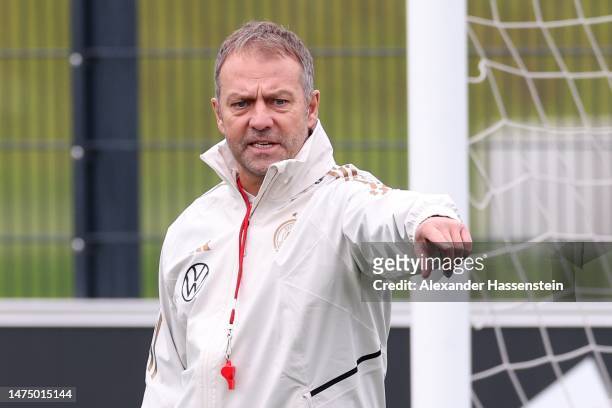 Hans-Dieter Flick, head coach of the German National Team gives instructions during a training session of the German national team at DFB-Campus on...
