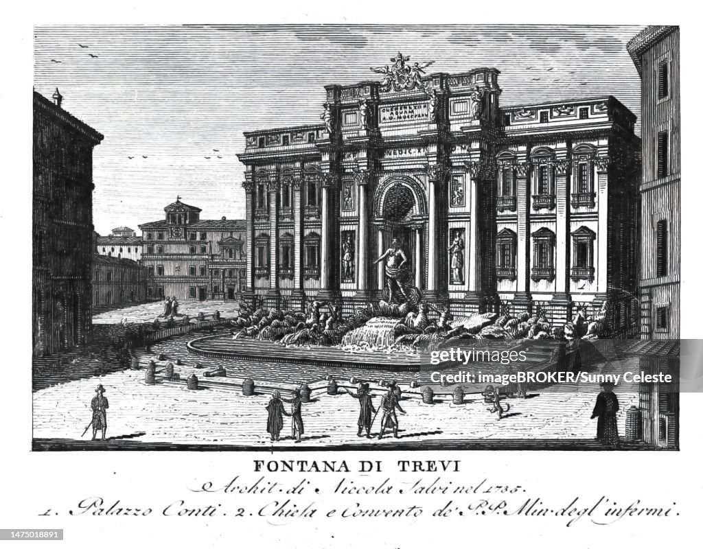 Trevi Fountain, Fontana di Trevi), monumental fountain in the Piazza di Trevi in front of the Palazzo Poli in Rome, Italy, digitally restored reproduction from Vedute principali e piu interessanti di Roma by Giovanni Battista, 1799