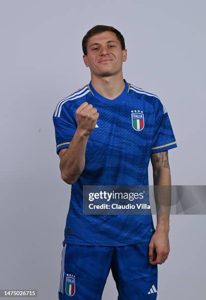 Nicolo Barella poses during an Italy portrait session at Centro Tecnico Federale di Coverciano on March 21, 2023 in Florence, Italy.