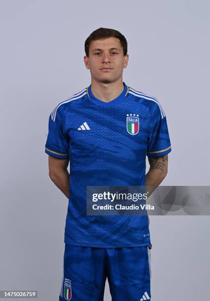 Nicolo Barella poses during an Italy portrait session at Centro Tecnico Federale di Coverciano on March 21, 2023 in Florence, Italy.