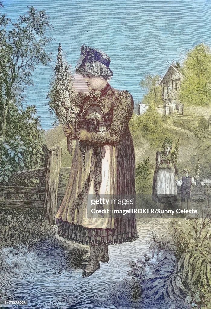 Woman in the traditional traditional costume of Dachau, Bavaria, Germany, on her way to the herb consecration, with a herb bush, Historic, digitally restored reproduction from a 19th century original