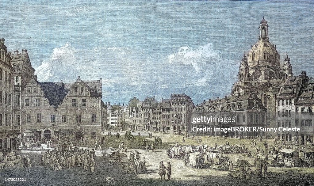The Neumarkt, Platz der Hauptwache in Dresden, Germany, 1752, on the left the Gewandhaus, on the right the royal stables and the Church of Our Lady, Historic, digitally restored reproduction from a 19th century original