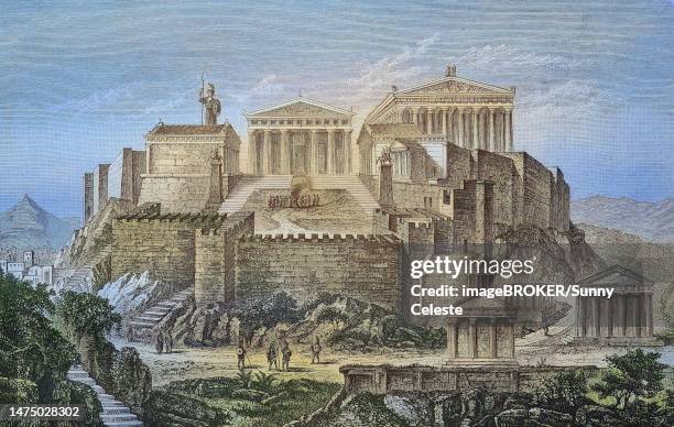 the acropolis in athens, greece, at the time of pericles, ca 430 bc, historical, digitally restored reproduction from a 19th century original - pericles stock illustrations