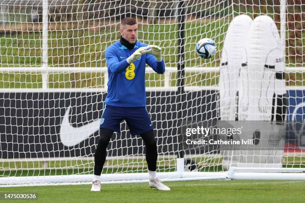 Fraser Forster of England in action during a training session at St Georges Park on March 21, 2023 in Burton-upon-Trent, England.