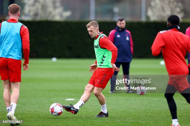 James Ward-Prowse during a Southampton FC training session at the Staplewood Campus on March 21, 2023 in Southampton, England.