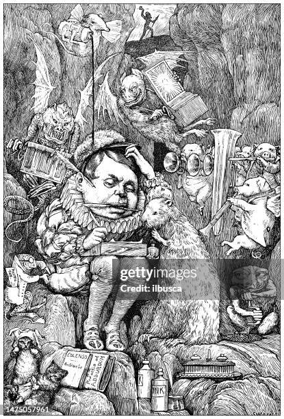 antique illustration of lewis carroll's poems and fables - creepy monsters from the past stock illustrations