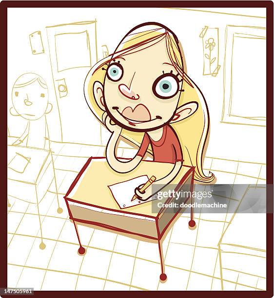 smiling female student siting at desk taking notes - long table stock illustrations