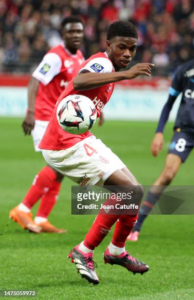 Cheick Keita of Reims during the Ligue 1 Uber Eats match between Stade Reims and Olympique de Marseille at Stade Auguste Delaune on March 19, 2023 in...