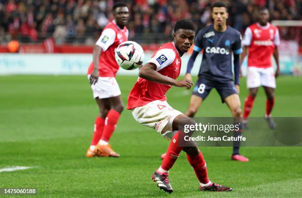 Cheick Keita of Reims during the Ligue 1 Uber Eats match between Stade Reims and Olympique de Marseille at Stade Auguste Delaune on March 19, 2023 in...