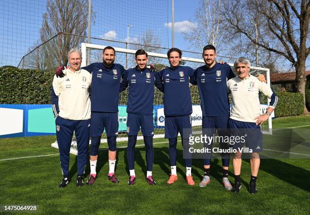Massimo Battara, Gianluigi Donnarumma, Alex Meret, Marco Carnesecchi, Wladimiro Falcone and Giulio Nuciari of Italy pose during an Italy training...