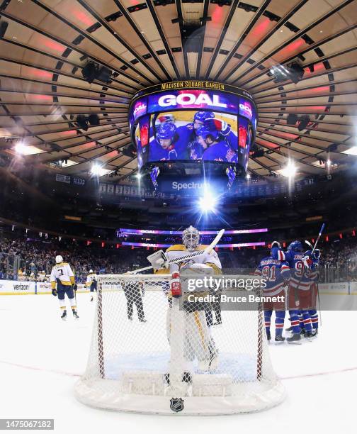 The New York Rangers celebrate a first period goal by Mika Zibanejad against the Nashville Predators at Madison Square Garden on March 19, 2023 in...