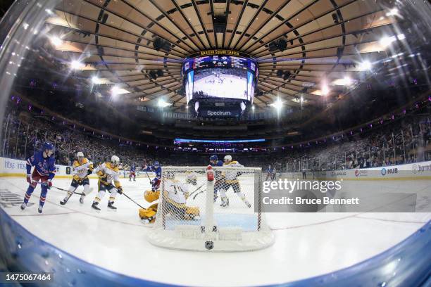 The New York Rangers skate against the Nashville Predators at Madison Square Garden on March 19, 2023 in New York City.