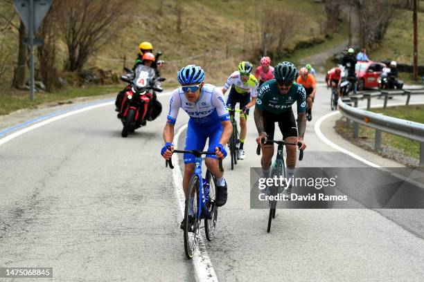 Christopher Juul-Jensen of Denmark and Team Jayco-AlUla and Francisco Galván of Spain and Equipo Kern Pharma compete in the breakaway during the...