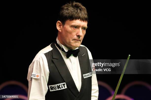 Jimmy White of England reacts in the third round match against Judd Trump of England on day 6 of 2023 WST Classic at the Morningside Arena on March...