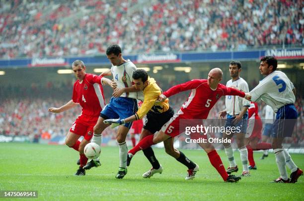 March 2003, Cardiff - International Football - EUROs 2004 Qualifier - Wales v Azerbaijan - Andrew Melville of Wales, Tarlan Akhmedov of Azerbaijan,...