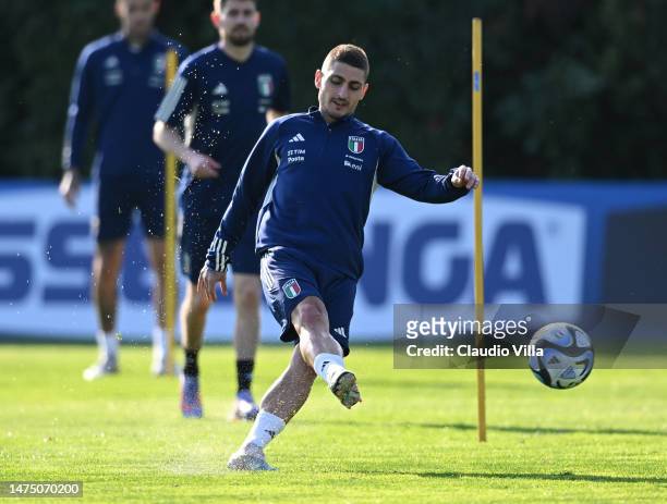 Marco Verratti in action during an Italy training session at Centro Tecnico Federale di Coverciano on March 21, 2023 in Florence, Italy.