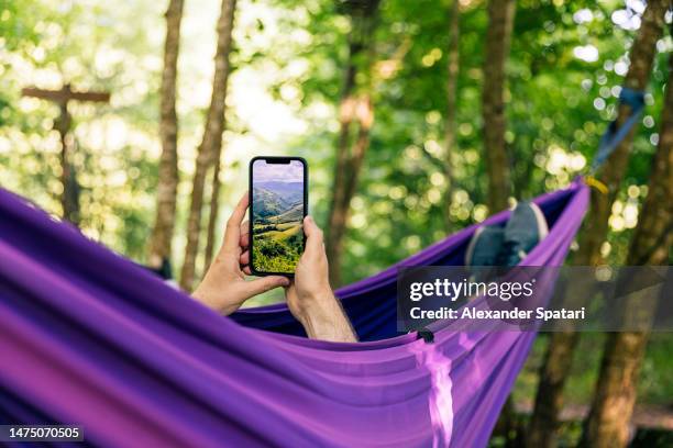 man using smartphone while relaxing in a hammock - hängematte stock-fotos und bilder