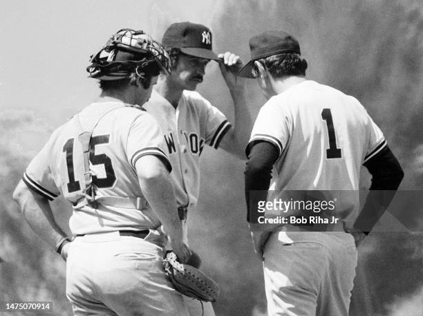 New York Yankees Manager Billy Martin talks with catcher Thurman Munson and pitcher Ron Guidry during game between the California Angels and New York...