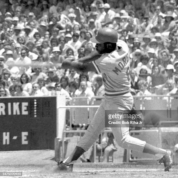 Reds Joe Morgan takes a big-swing at plate during game between Los Angeles Dodgers and the Cincinnati Reds, August 3, 1975 in Los Angeles, California.