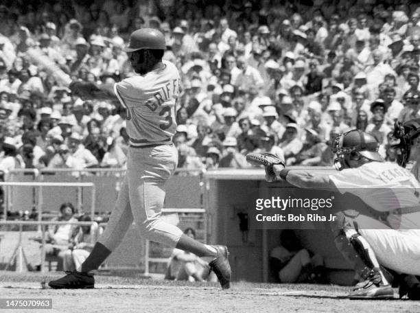 Reds Ken Griffey at bat during game between Los Angeles Dodgers and the Cincinnati Reds, August 3, 1975 in Los Angeles, California.