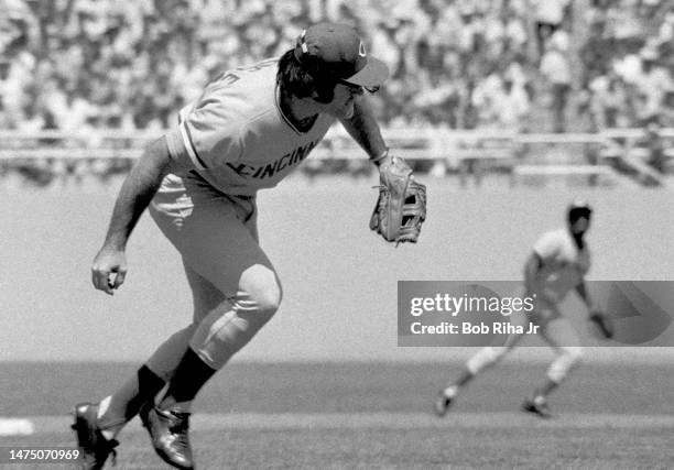 Reds third-baseman Pete Rose during game between Los Angeles Dodgers and the Cincinnati Reds, August 3, 1975 in Los Angeles, California.