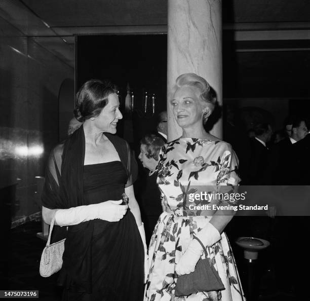 Dorothy Rodgers , left, with Dorothy Hammerstein at the opening of musical 'Flower Drum Song' at the Palace Theatre, London, March 23rd, 1960.