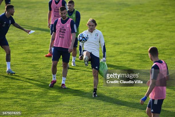 Head coach of Italy Roberto Mancini in action during an Italy training session at Centro Tecnico Federale di Coverciano on March 21, 2023 in...