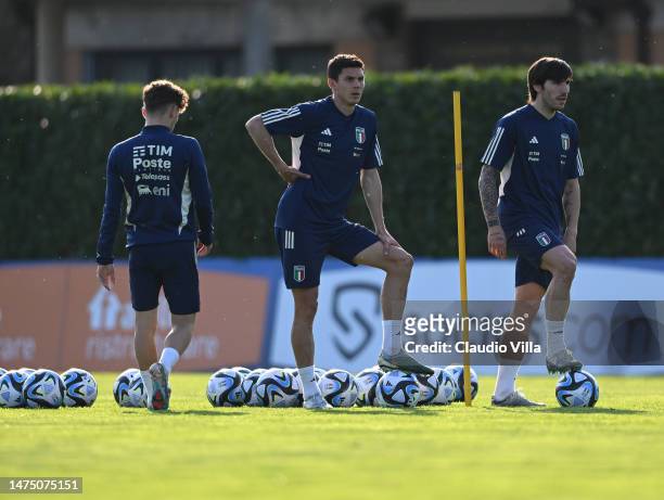 Players of Italy in action during an Italy training session at Centro Tecnico Federale di Coverciano on March 21, 2023 in Florence, Italy.