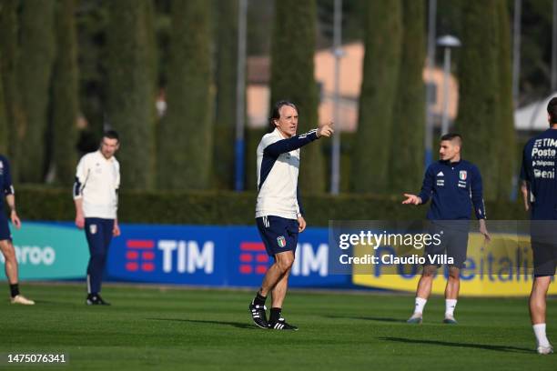 Head coach of Italy Roberto Mancini reacts during an Italy training session at Centro Tecnico Federale di Coverciano on March 21, 2023 in Florence,...