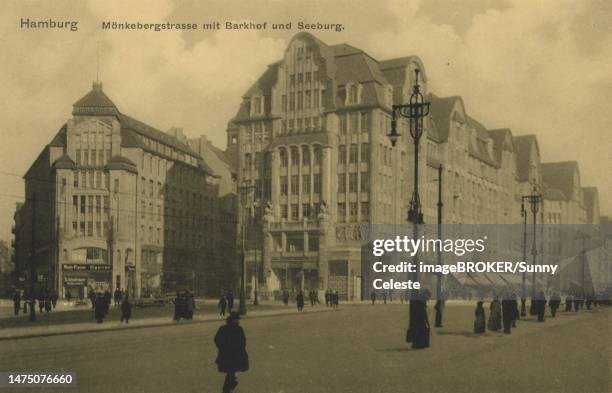 moenkebergstrasse with barkhof and seeburg, hamburg, germany, postcard with text, view around ca 1910, historic, digital reproduction of a historic postcard, public domain, from that time, exact date unknown - castelo 幅插畫檔、美工圖案、卡通及圖標