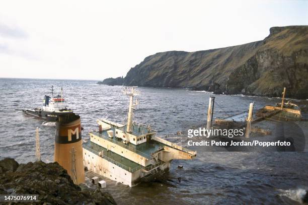 The wreck of the Liberian registered oil tanker MV Braer after running aground near Quendale Bay on the Shetland Islands in Scotland in January 1993....