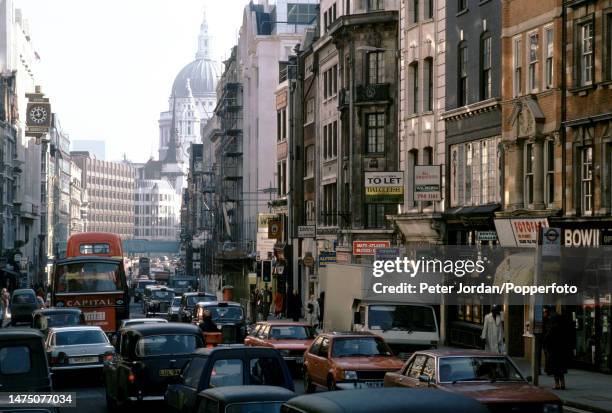 View looking east towards St Paul's Cathedral of traffic on Fleet Street in the City of London in 1986.