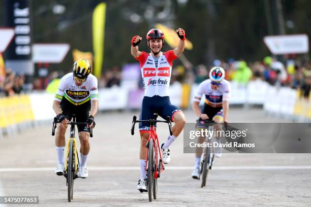Giulio Ciccone of Italy and Team Trek-Segafredo celebrates at finish line as stage winner ahead of Primoz Roglic of Slovenia and Team Jumbo-Visma -...