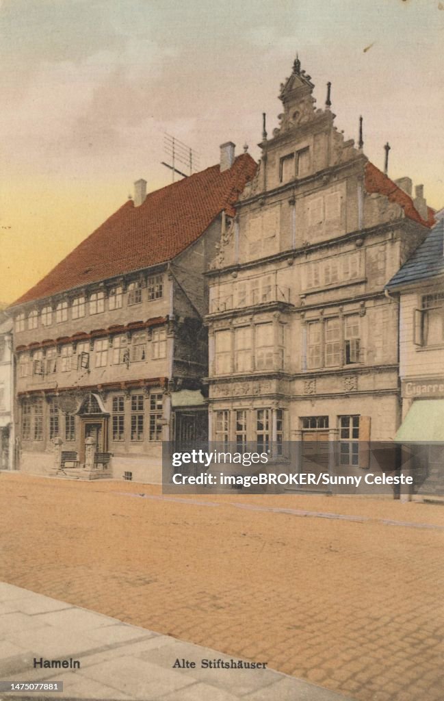 Old Collegiate Houses in Hameln, Lower Saxony, Germany, postcard with text, view around ca 1910, historical, digital reproduction of a historical postcard, public domain, from that time, exact date unknown