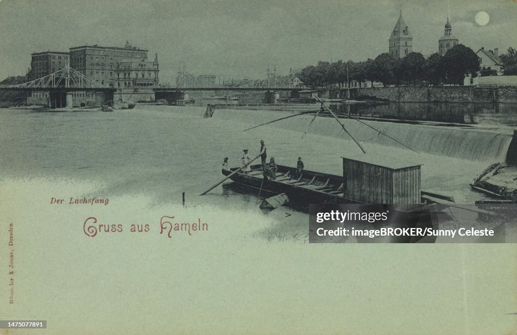 Salmon fishing in Hameln, Lower Saxony, Germany, postcard with text, view around ca 1910, historical, digital reproduction of a historical postcard, public domain, from that time, exact date unknown