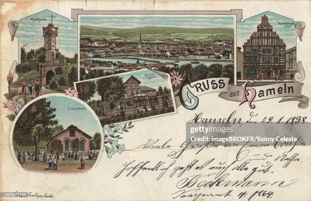 Greeting from Hameln, Lower Saxony, Germany, postcard with text, view around ca 1910, historical, digital reproduction of a historical postcard, public domain, from that time, exact date unknown