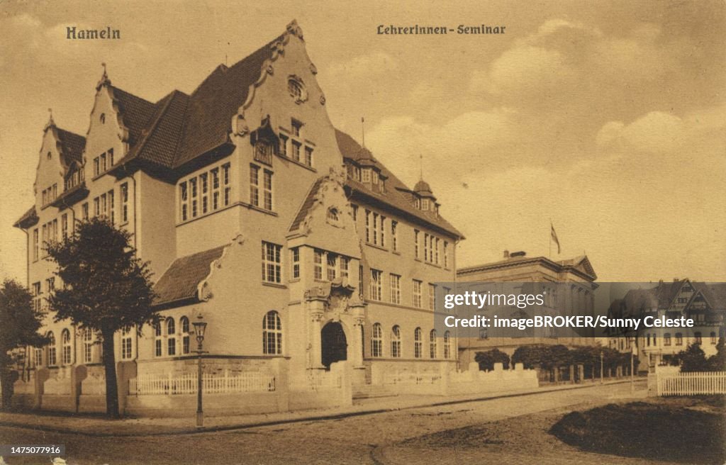 Teachers seminar in Hameln, Lower Saxony, Germany, postcard with text, view around ca 1910, historical, digital reproduction of a historical postcard, public domain, from that time, exact date unknown