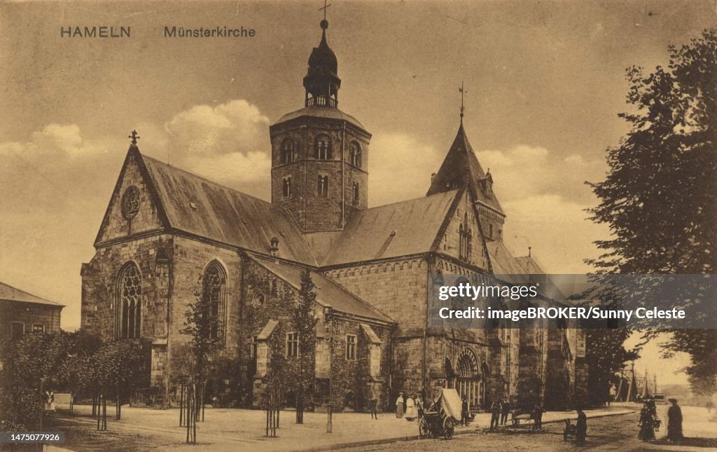 Minster church in Hameln, Lower Saxony, Germany, postcard with text, view around ca 1910, historical, digital reproduction of a historical postcard, public domain, from that time, exact date unknown