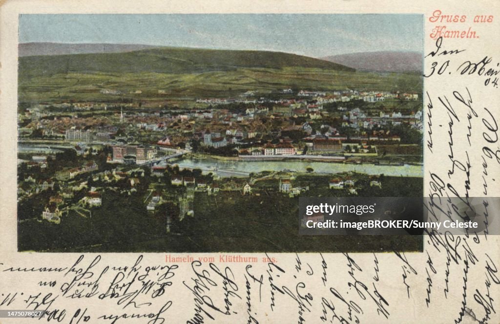 View from the Kluetturm, Hameln, Lower Saxony, Germany, postcard with text, view around ca 1910, historical, digital reproduction of a historical postcard, public domain, from that time, exact date unknown