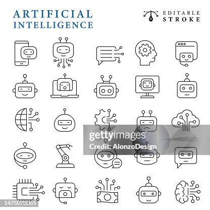 Artificial Intelligence thin line vector icons. Chatbot. Robot Icon Set. Editable stroke. Artificial Intelligence thin line vector icons. Chatbot. Robot Icon Set. Editable stroke.
