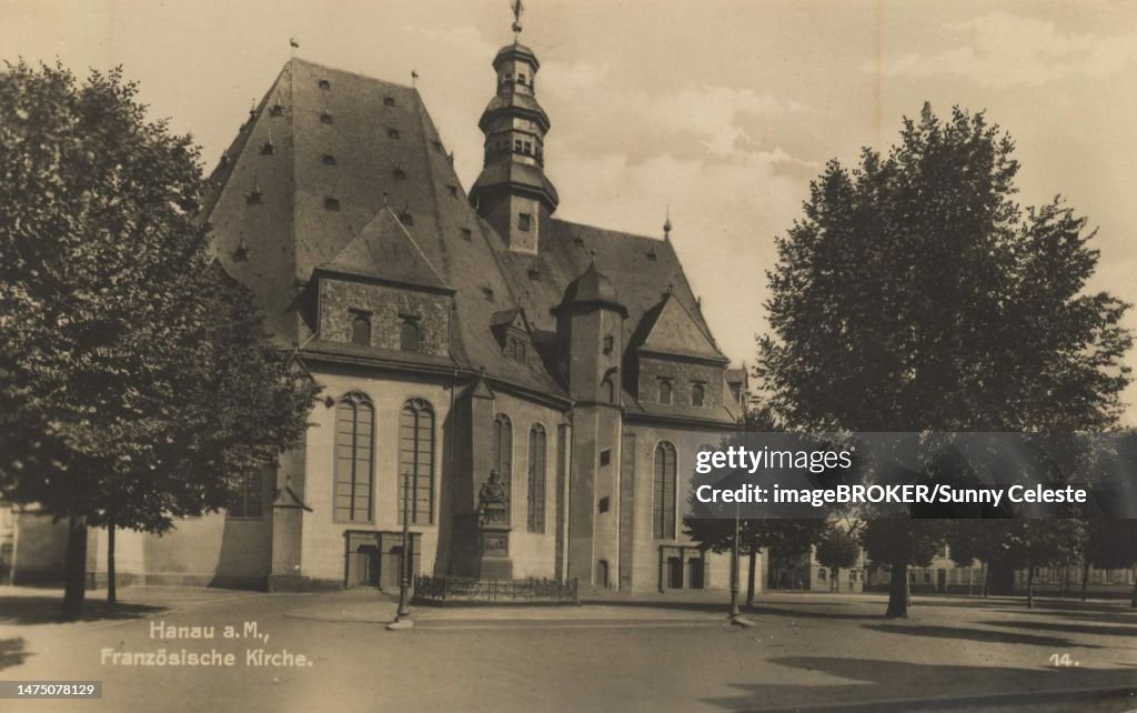French church in Hanau, Hesse, Germany, postcard with text, view around ca 1910, historical, digital reproduction of a historical postcard, public domain, from that time, exact date unknown