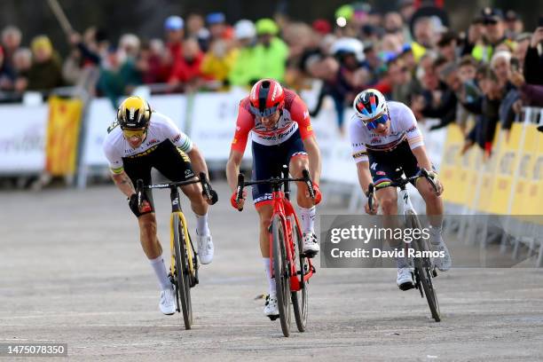 Primoz Roglic of Slovenia and Team Jumbo-Visma - Green leader jersey, Giulio Ciccone of Italy and Team Trek-Segafredo and Remco Evenepoel of Belgium...