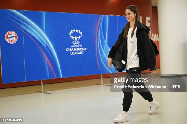 Sarah Zadrazil of FC Bayern München arrives prior to the UEFA Women's Champions League quarter-final 1st leg match between FC Bayern München and...