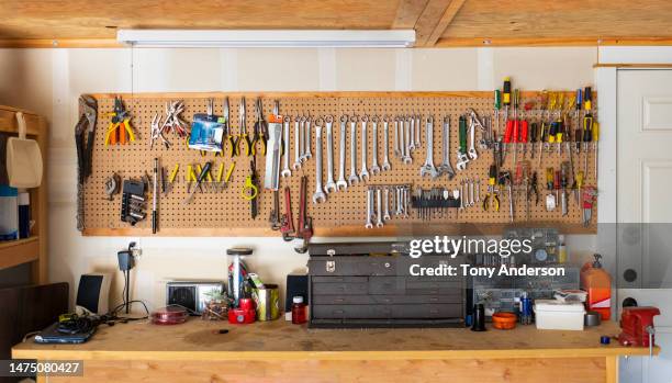 work bench with tools - workshop tools stock pictures, royalty-free photos & images