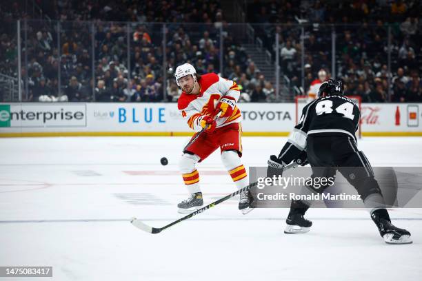 Rasmus Andersson of the Calgary Flames in the third period at Crypto.com Arena on March 20, 2023 in Los Angeles, California.