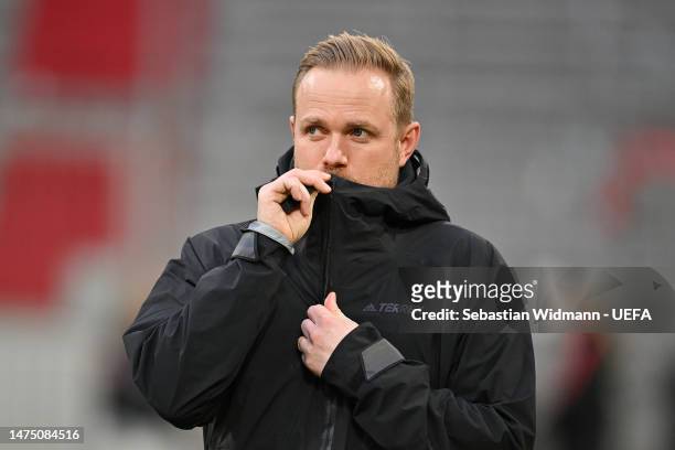 Jonas Eidevall, Manager of Arsenal, looks on prior to the UEFA Women's Champions League quarter-final 1st leg match between FC Bayern München and...