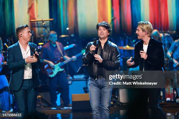 Isaac Hanson, Zac Hanson and Taylor Hanson of Hanson perform onstage during A GRAMMY Salute to The Beach Boys at Dolby Theatre on February 08, 2023...