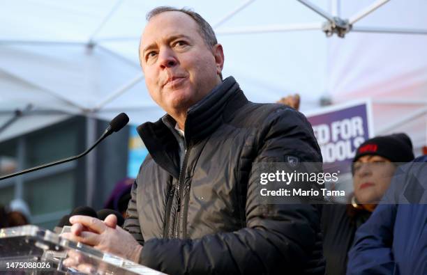 Rep. Adam Schiff speaks at a news conference as Los Angeles Unified School District workers and supporters picket outside Robert F. Kennedy Community...