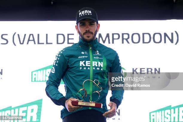 Francisco Galván of Spain and Equipo Kern Pharma celebrates at podium as most combative rider prize during the 102nd Volta Ciclista a Catalunya 2023,...